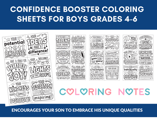 Confidence Booster Coloring Sheets for Boys (Grades 4-6) Digital Download
