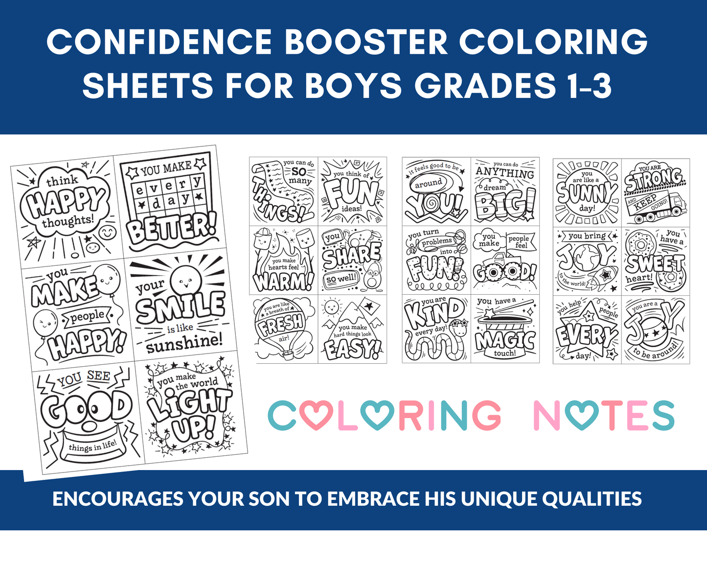 Confidence Booster Coloring Sheets for Boys (Grades 1-3) Digital Download