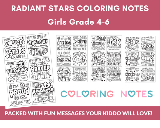 Radiant Stars Coloring Lunchbox Love Notes for Girls (Grade 4-6) Digital Download