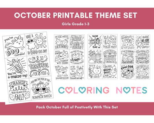 October Theme Coloring Sheets Girls Grade 1-3 Digital Download