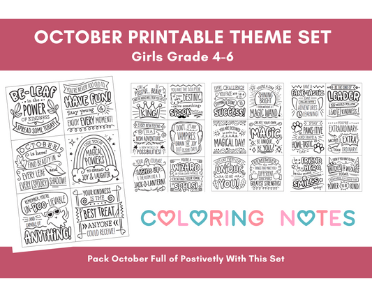 October Theme Coloring Sheets Girls Grade 4-6 Digital Download